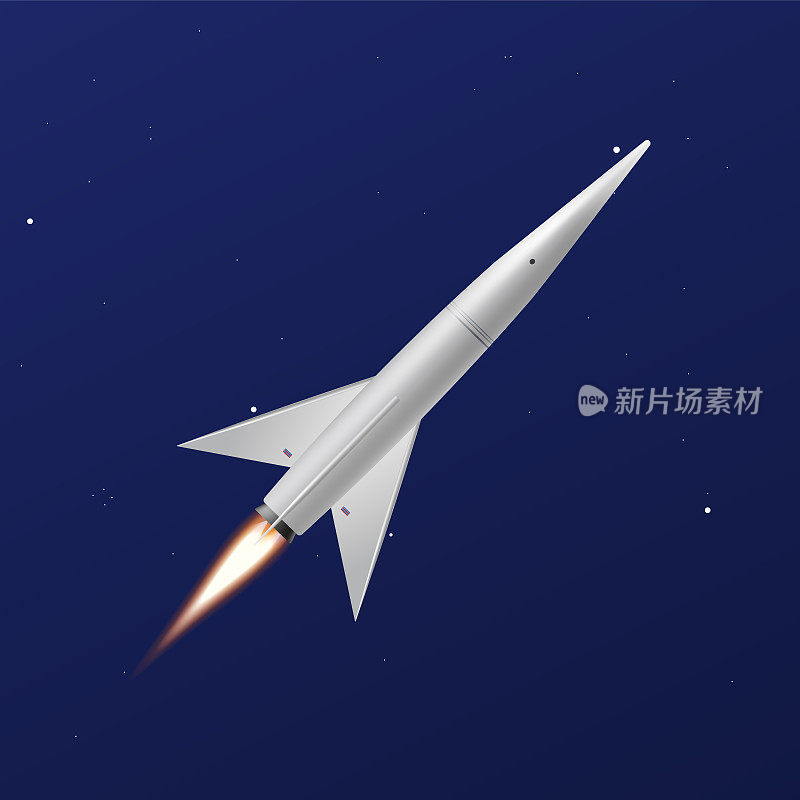 3D现实火箭起飞后直接飞向太空发射。在渐变夜空中穿梭，矢量插图。