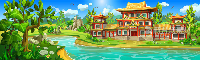 亚洲古老的宫殿，在风景如画的河边耸立着塔楼。