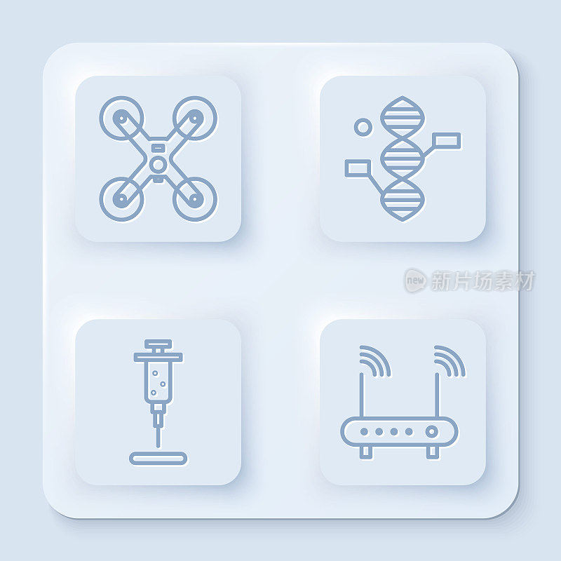 设置线无人机飞行，DNA符号，注射器和路由器和wi-fi信号。白色正方形按钮。向量