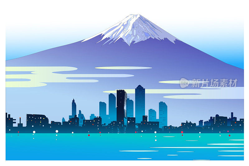 以富士山为背景的城市景观插图