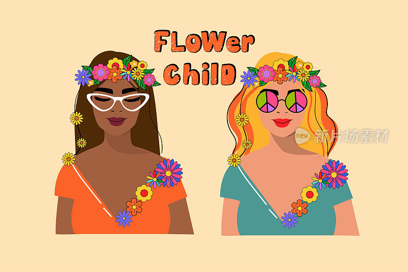 两个70年代复古风格的嬉皮士女孩非裔美国人和欧洲人，以及刻着花的孩子。矢量图
