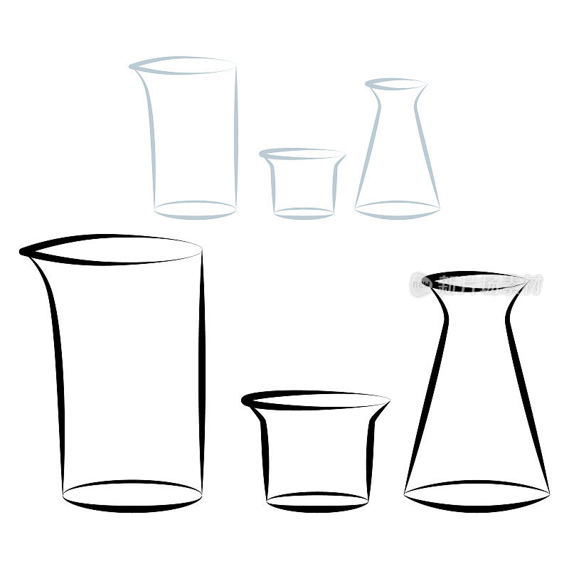 化学试管矢量图标集极简简单插图。实验用科学用化学瓶，隔离在白色背景上。