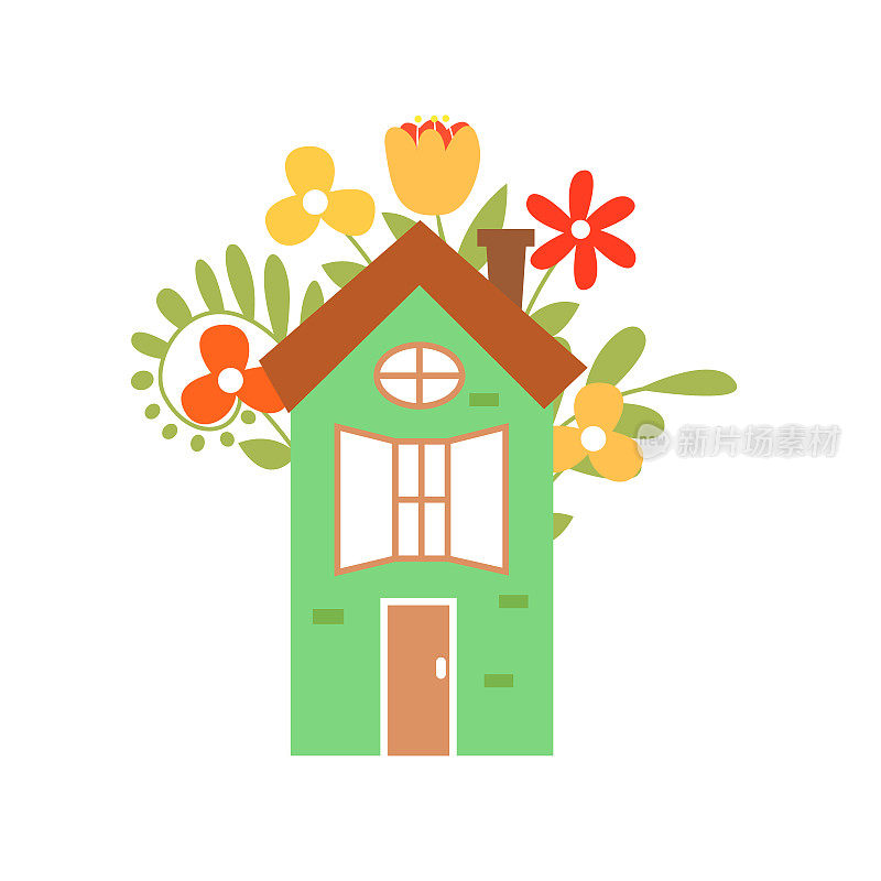 可爱的春天手绘插图孤立的背景。房子被五颜六色的花包围着。设计明信片的插图。