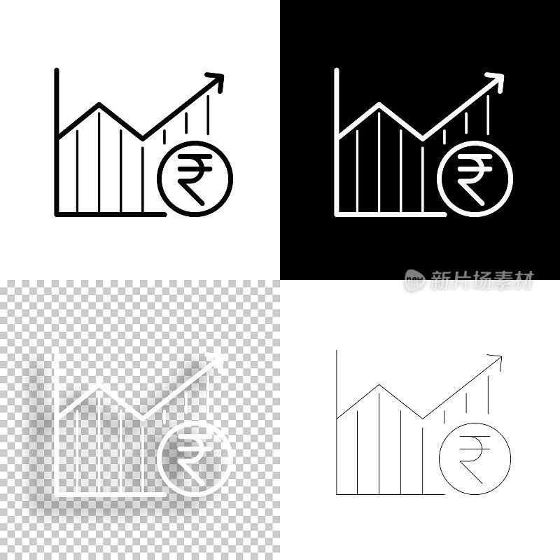 与印度卢比硬币增长图表。图标设计。空白，白色和黑色背景-线图标