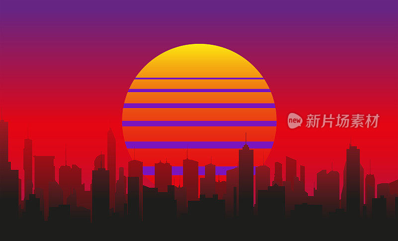 未来城市的剪影与摩天大楼在红色的天空背景和夕阳