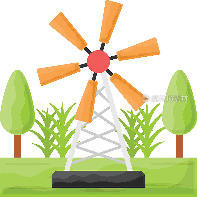 草地上的风能设施概念、风机叶片矢量彩色图标设计、农业与农业符号、乡村生活标志、农畜插图