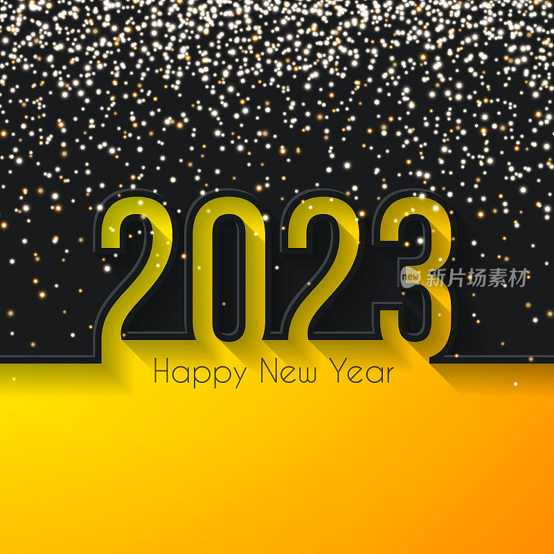 2023年新年快乐，金色闪光-黑色背景
