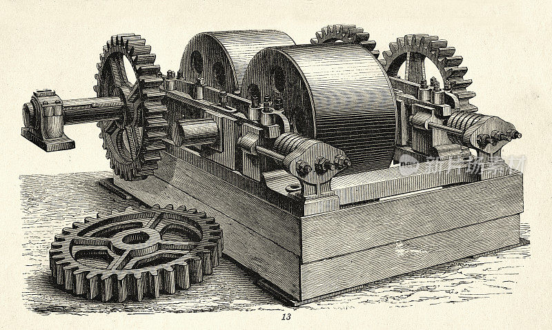 维多利亚时代的工业机械，粉碎机，齿轮，齿轮，滚轮，19世纪70年代
