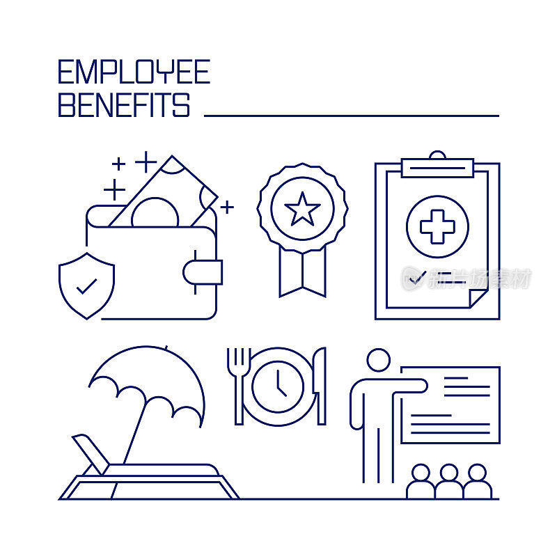 员工福利相关设计元素。使用大纲图标的模式设计。