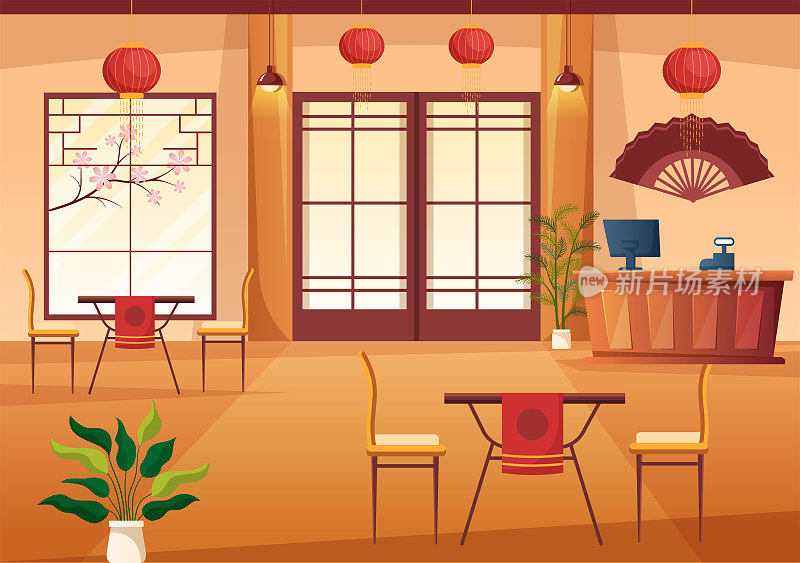 日本料理卡通插画，配以各种美味佳肴，如盘子寿司、刺身卷等