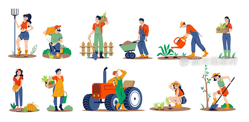 园艺的人。人们种植园林花卉，农业园丁的爱好和园艺工作。男人，女人园丁浇灌植物，修剪植物。平面向量。