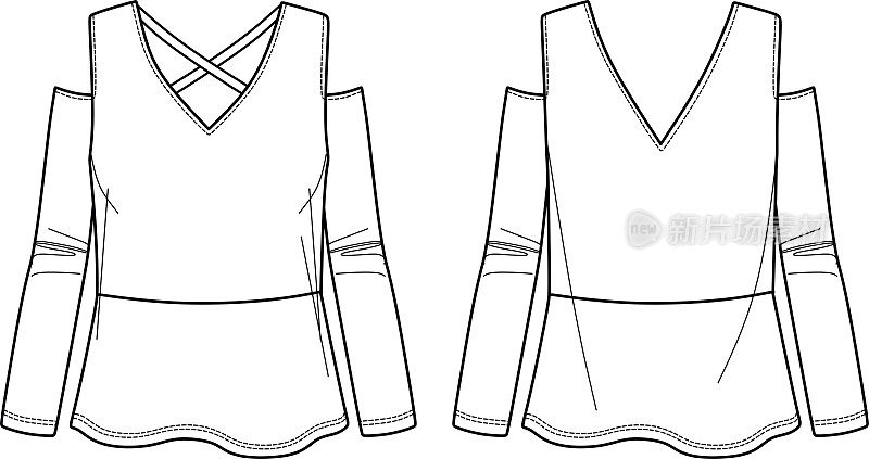 矢量裁剪长袖t恤时尚CAD，女人冬季v领上衣与闪光下摆技术图纸，模板，草图，平。针织或梭织上衣，有正反两面，白色