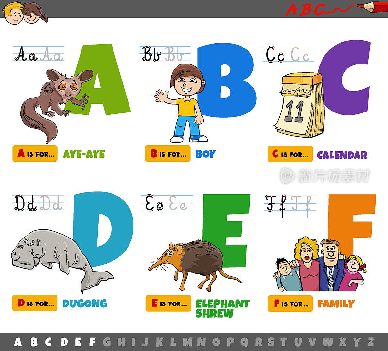 儿童从A到F的教育性卡通字母