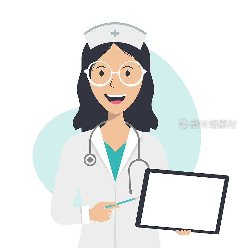 护士用手指着空白屏幕的平板电脑。医学调查测试