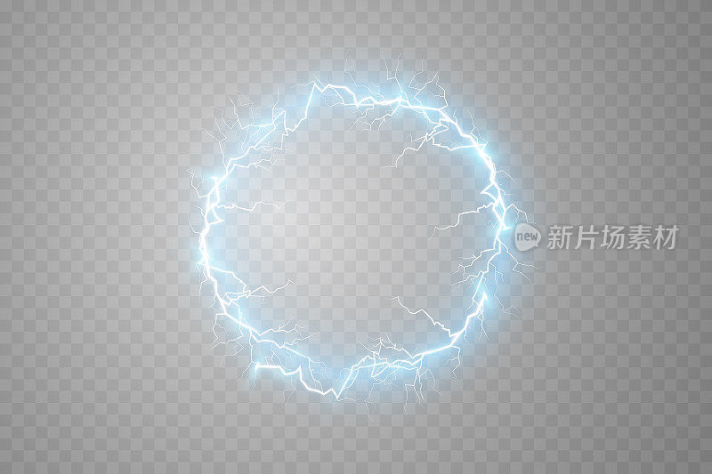 球闪电在一个光透明的蓝色背景。矢量插图，抽象的闪电。闪电，雷声，火花。
