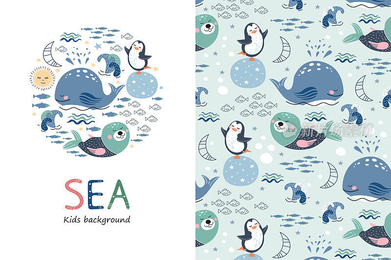 有趣的卡通企鹅，鲸鱼，海豹和鱼。冬天的蓝色背景。