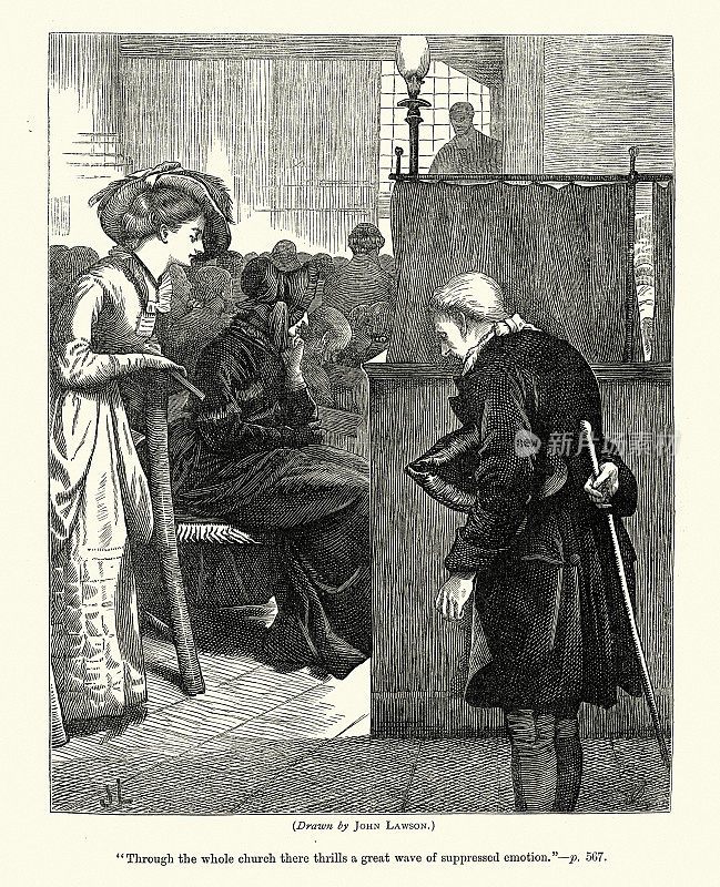 复古插图维多利亚教堂会众在周日聆听教堂服务,19世纪70年代,19世纪