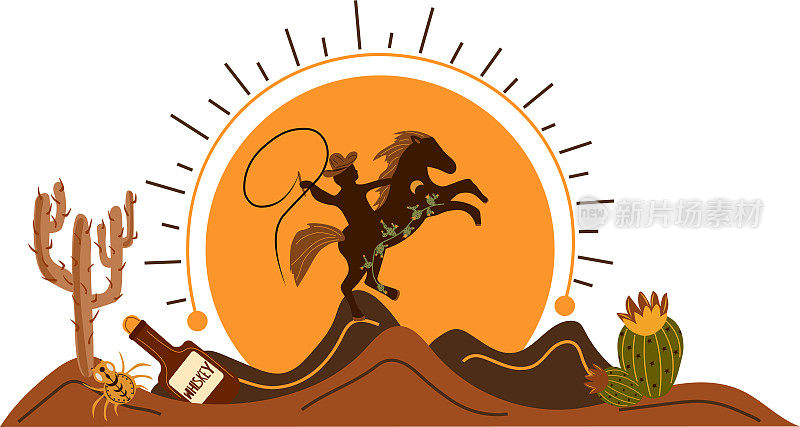 狂野西部的海报，一个牛仔在沙漠中骑马，仙人掌，太阳，蜘蛛。更古老的西部平原风格。矢量图