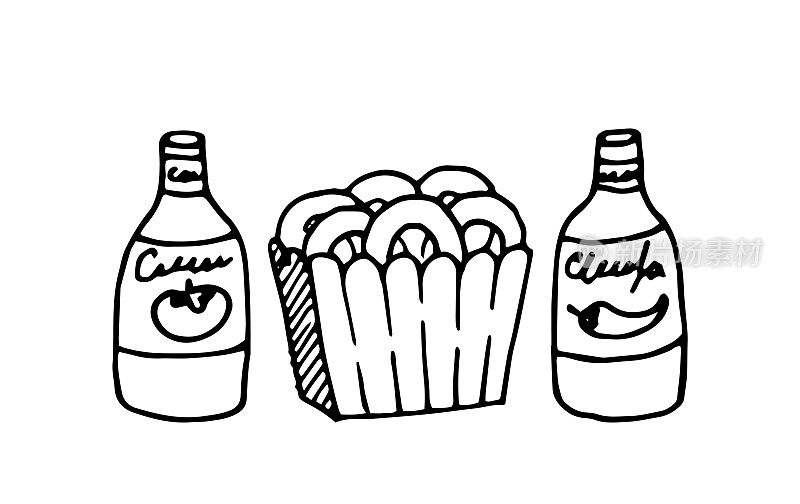 脆洋葱圈和酱汁的快餐插图