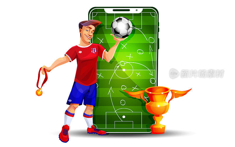 卡通风格的团队竞赛、运动和胜利的概念。手机与游戏策略和足球运动员与优胜杯在孤立的白色背景。