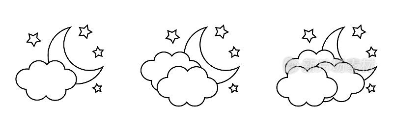 月亮与云彩和星星的图标。晚上图标。