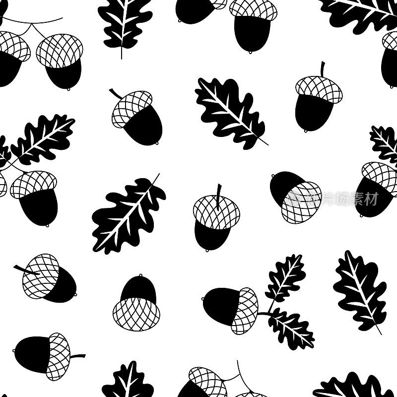 橡果矢量无缝图案，秋天的背景，黑色和白色的秋天橡树叶子纹理。性质说明