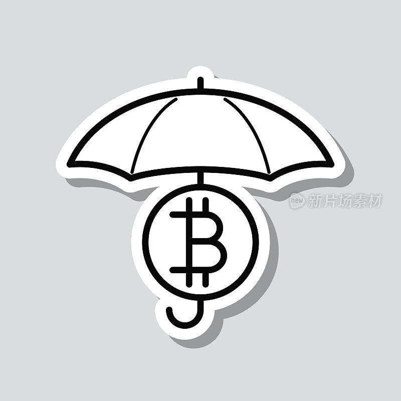 保护伞下的比特币。图标贴纸在灰色背景