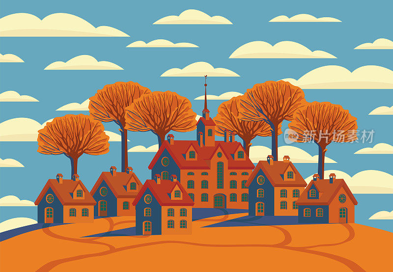 秋天的景色，橙色的小山上有可爱的彩色房子