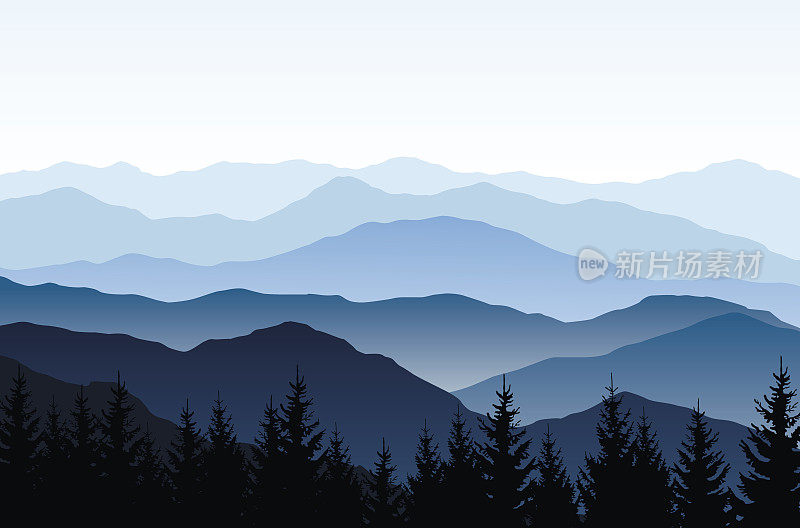 矢量自然景观与蓝色的山脉和森林的轮廓