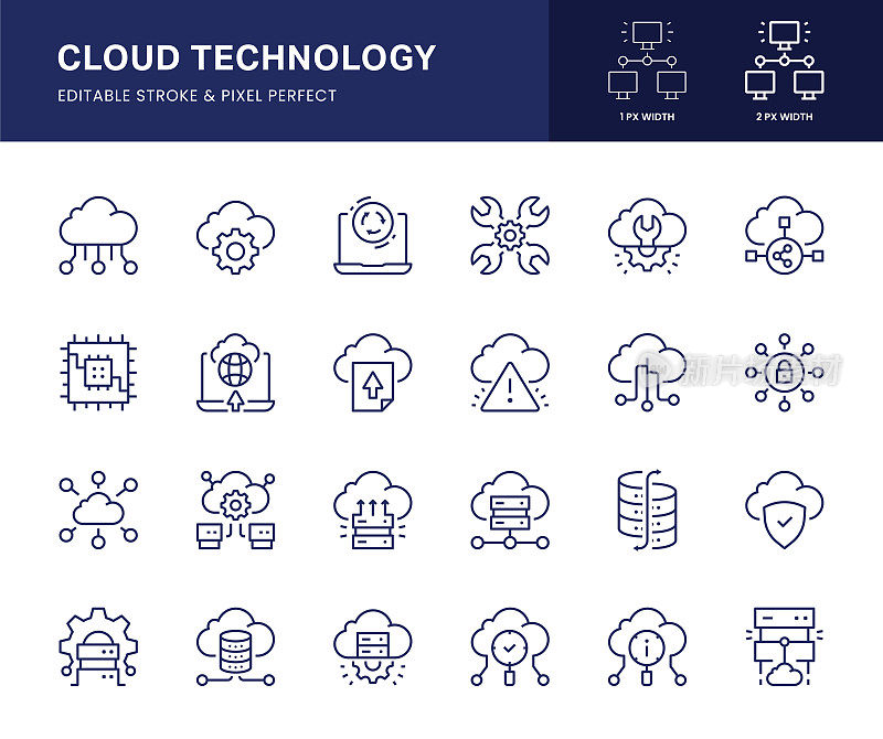 云技术线图标。该图标集由云管理、计算机芯片、数据服务器、数据库、云数据等组成。