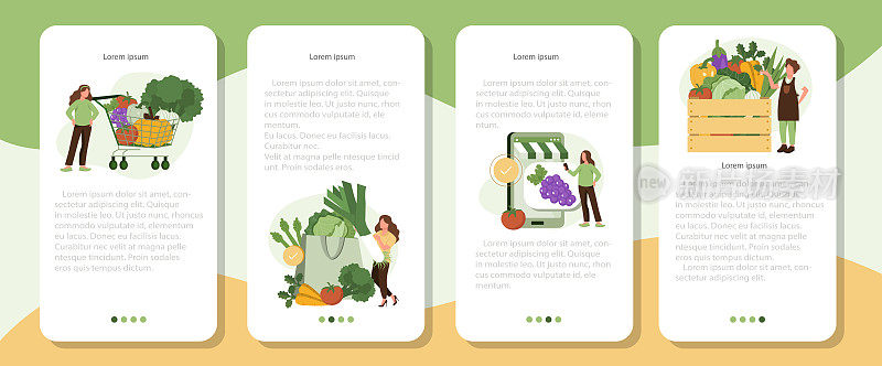 网上杂货购物移动应用横幅集。网上购买新鲜有机蔬菜，放入购物篮和蔬菜盒配送。本地生产支持的概念。