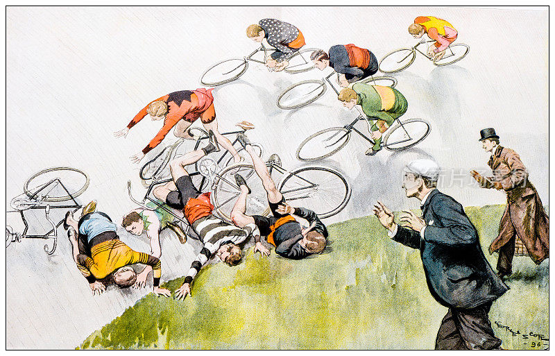 仿古形象:职业自行车运动员在赛车场撞车