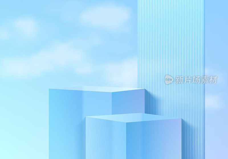逼真的3D蓝色玻璃立方体台架与隔断和蓝天背景设置。粉彩最小的墙面场景为样板产品舞台展示，促销展示。向量抽象几何形式。