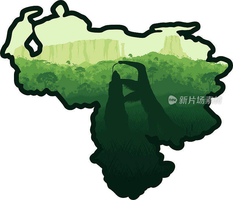 矢量贴纸“委内瑞拉地图”与巨大食蚁兽附近的罗赖马特普伊在丛林雨林