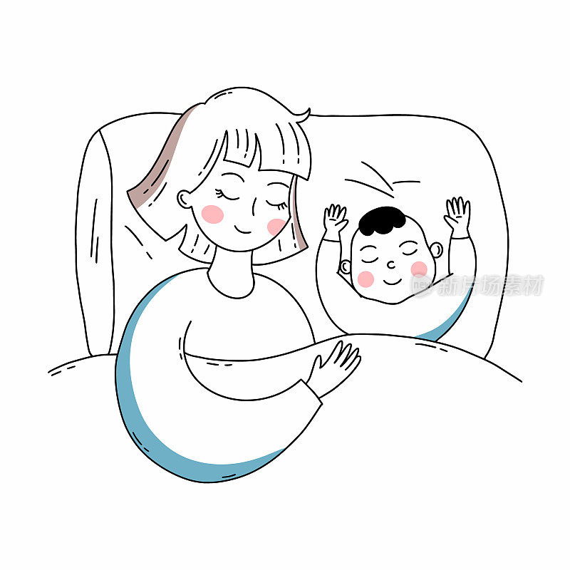 妈妈和宝宝正在床上睡觉。健康的婴儿的睡眠。矢量插图涂鸦。