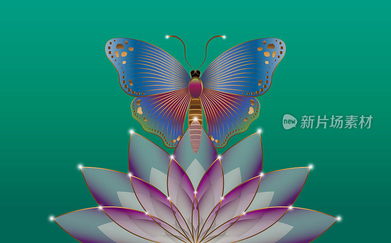 神圣的莲花和神秘的蝴蝶标志标语与彩色的蝴蝶紫花模板。矢量设计的时装，海报和卡片印刷，孤立的绿色背景