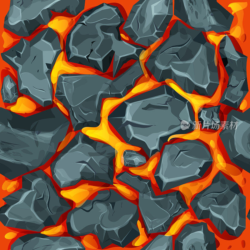 熔岩，岩浆与石头在卡通风格无缝的图案背景。火山喷发作用,景观。质地,设计。矢量图
