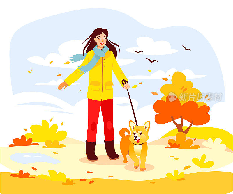 秋天的公园。秋天，一位妇女在公园遛狗。卡通矢量图