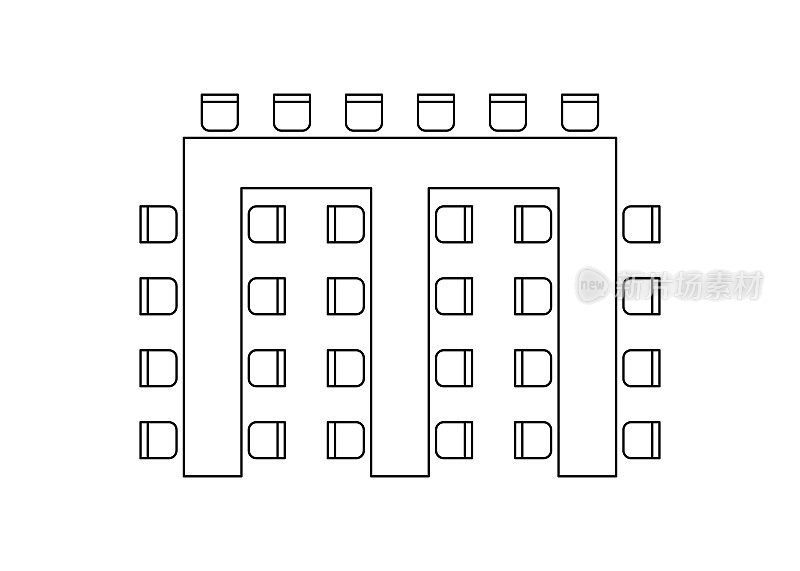 规划室内桌椅的摆放，布局平面轮廓元素。方案建筑平面图中的桌椅图标。办公室和家庭家具，俯视图。矢量线