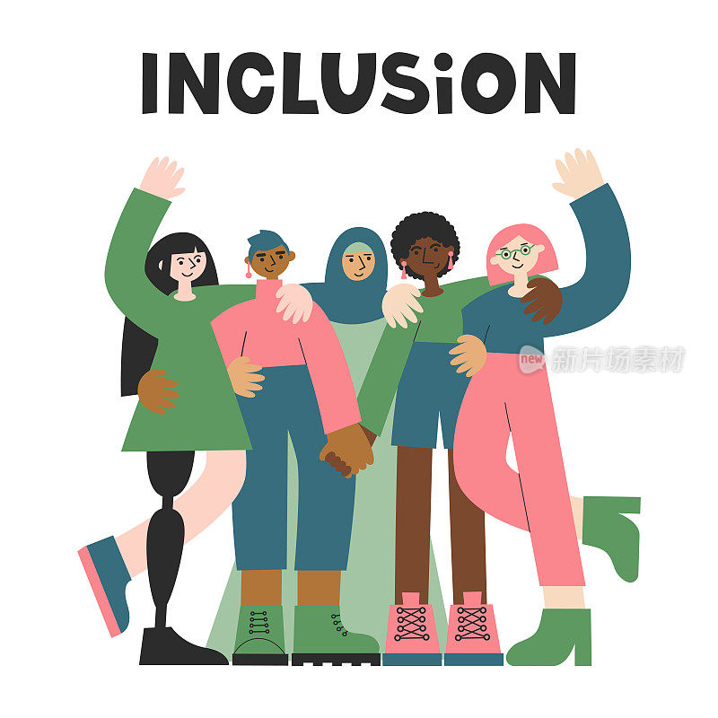 五个不同种族、宗教和能力的女人在一起拥抱。女孩的力量，多元化，包容，平等和权利的概念。国际妇女节平面矢量插图和刻字套装。