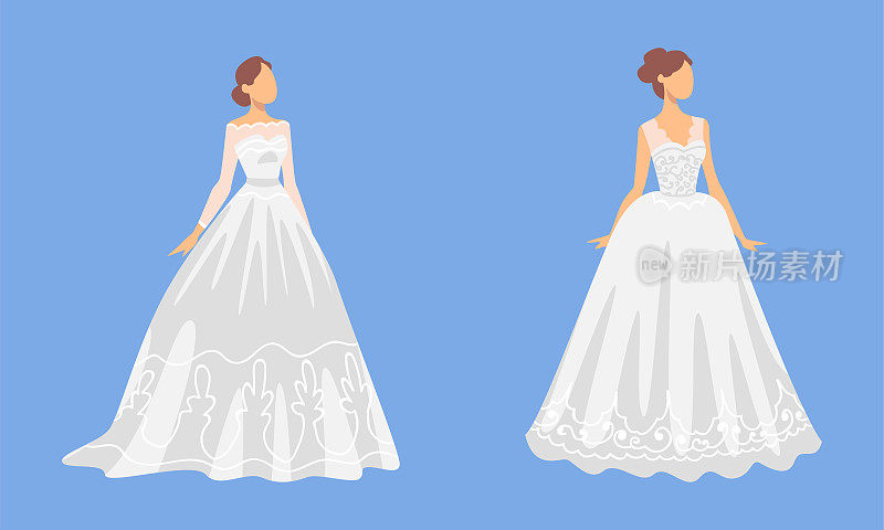 新娘在白色婚纱站作为新婚或刚刚结婚的女性在蓝色背景矢量集