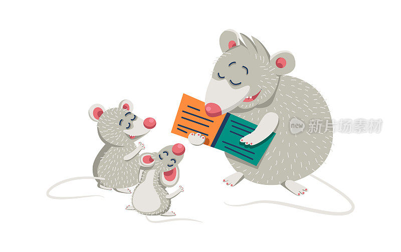 卡通动物老鼠看书。矢量图