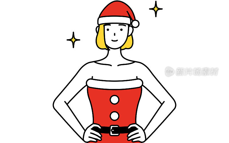 简单的线条插画，一个女人打扮成圣诞老人，她的手放在她的臀部。