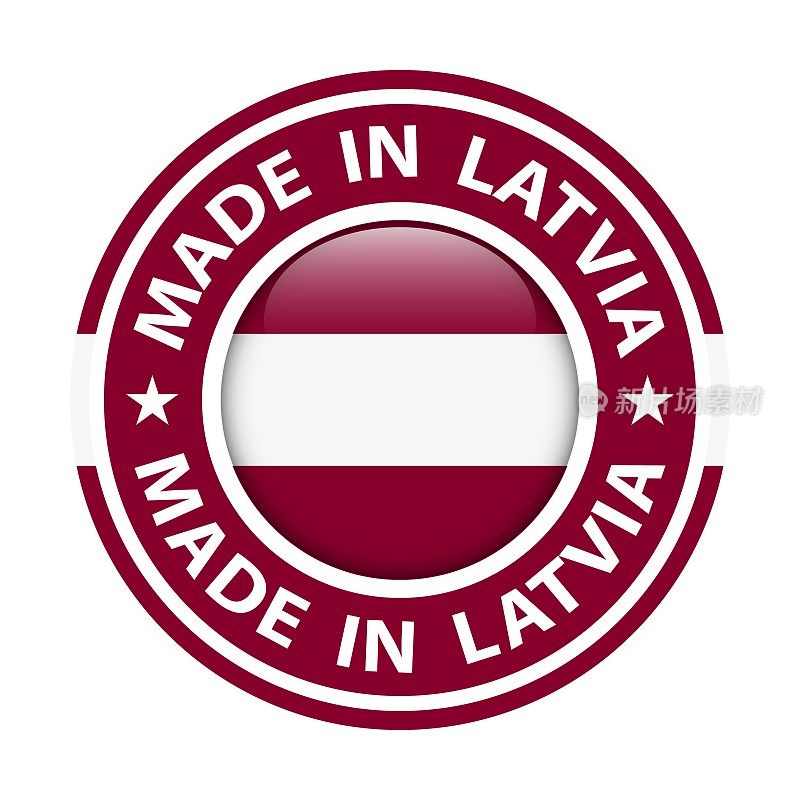拉脱维亚制造的徽章矢量。有星星和国旗的贴纸。标志孤立在白色背景。