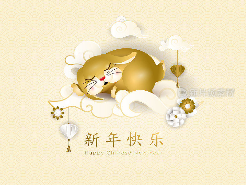 2023年中国新年。贺卡上有可爱的金兔在亚洲云，白色和金色的花朵和灯笼在灯光背景。祝你新年快乐。矢量图