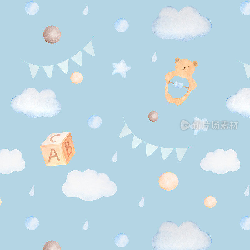 水彩无缝模式与云，长牙玩具熊，立方体，球，旗帜，水滴和星星在蓝色背景上的蓝色