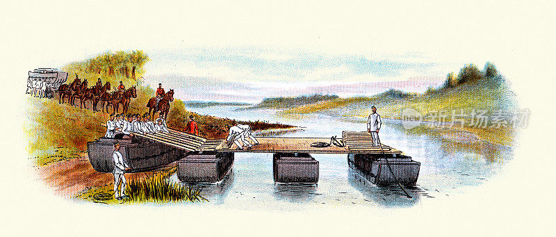 19世纪19世纪90年代，维多利亚时期的英国军队，皇家工兵在河上建造浮桥