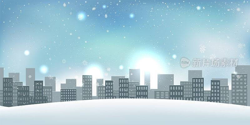 冬季圣诞森林降雪天空和城市