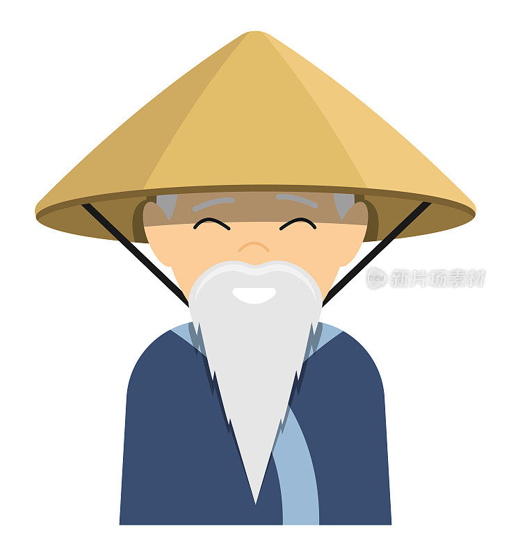 亚洲老人，长着灰色的胡子，戴着民族草帽。穿着传统服饰的泰国农民。卡通人物。矢量隔离在白色背景上