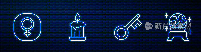设定线旧钥匙，维纳斯，燃烧的蜡烛和魔法球。砖墙上发光的霓虹灯图标。向量